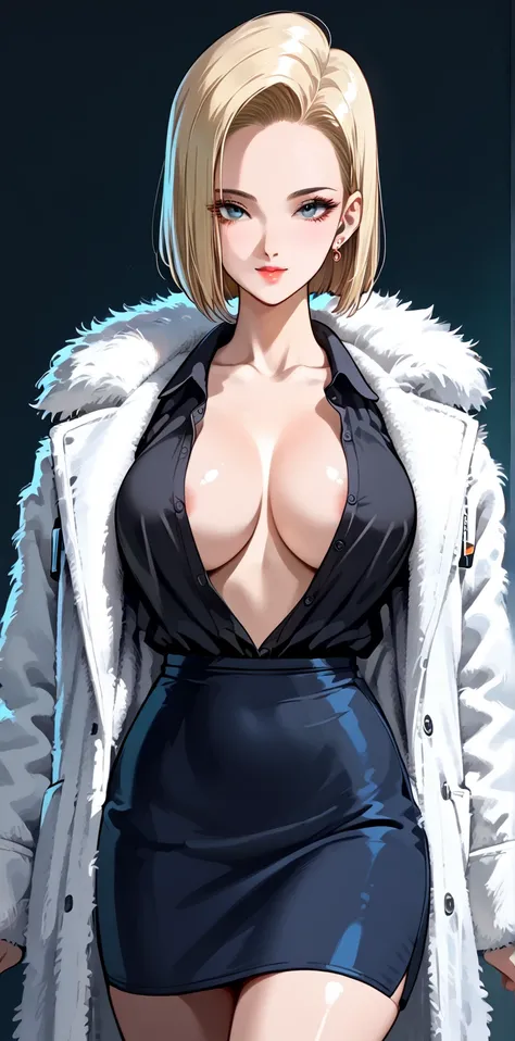 ,20s, beautiful face, bob cut, Slender Woman, big breasts, thin waist,((Long fur coat)),  black shirt ,   pencil skirt ,  big breasts, ( shirts that wear white coats open on the front 、 open from chest to stomach to reveal skin),(( open shirt)),(( open)), ...