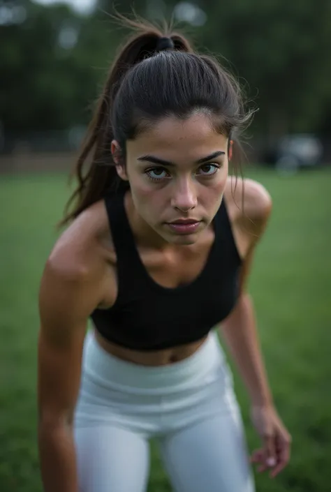 Realistic Photo a slightly dimly lit environment, leaning forward and side camera shot, 18- years old  spanish school girl, a sweaty body and wet hair, have long ponytail hair, white gothic yoga pants and tank top to gym for exercise and photo,at the Grass...