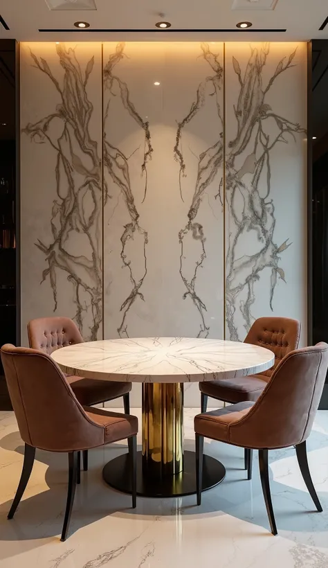 "An intimate yet opulent dining space featuring a round polished marble table with elegant gold accents. Surrounding the table are plush high-back velvet chairs, adding a touch of sophistication. The glossy marble flooring enhances the ambiance by reflecti...