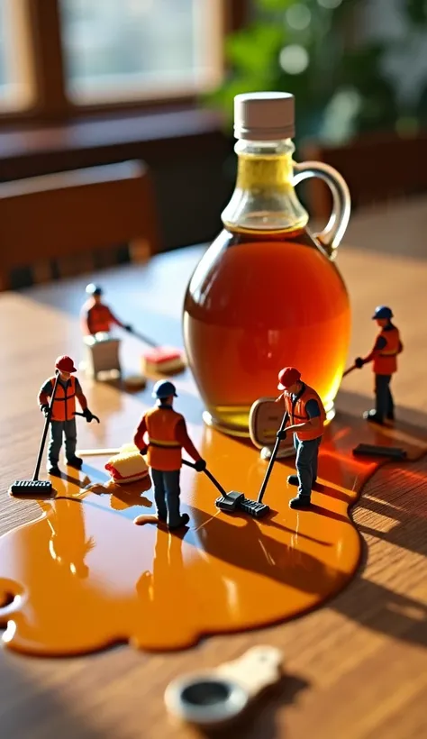 A highly detailed, realistic image of a miniature cleanup crew working on a spilled syrup mess on a dining table. The scene features 3-5 tiny workers dressed in safety uniforms, equipped with mops, buckets, and scrubbing tools. The thick, sticky syrup spre...