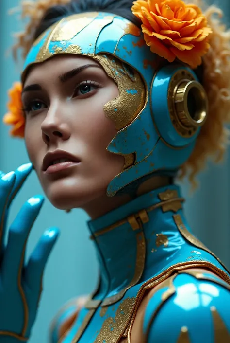 2
a close up of a person wearing a blue and gold costume, cyberpunk art inspired by Mike Winkelmann, trending on cgsociety, afrofuturism, cyberpunk flowerpunk, psychedelic organic cyborg, portrait of a sci - fi woman, cyborg fashion model, fashionable futu...