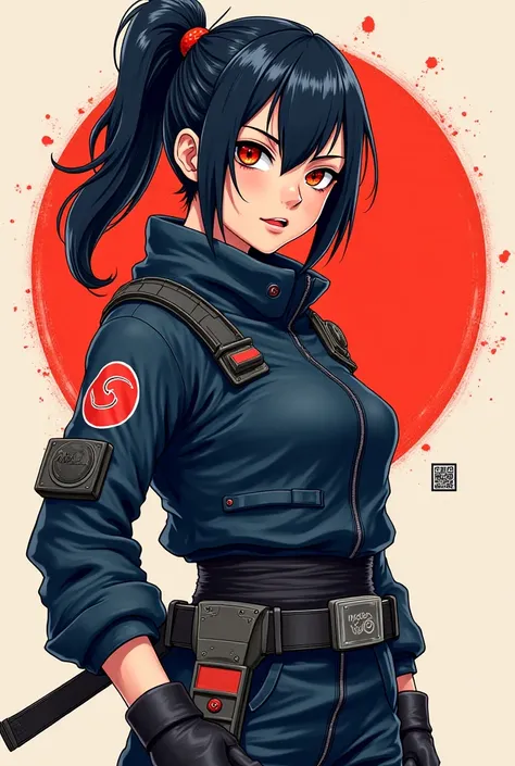 "Create a Naruto-style manga illustration of a rebellious 20-year-old female ninja from the Nara clan. She features asymmetrical black hair with vibrant highlights and fierce, expressive eyes. Her dark matte tactical suit is detailed with traditional Seiga...