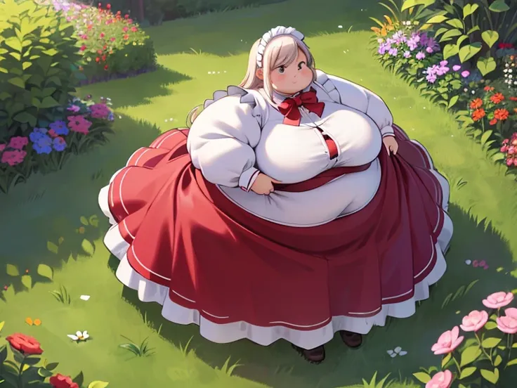 masterpiece,  best quality, Advanced Details ,  very obese ,  girl,  cute,  sitting on the floor,  very obese ,  My stomach is very sticking out, very big legs , Standing in the garden ,  The entire dress completely covers the body.、(pink long sleeve maid ...