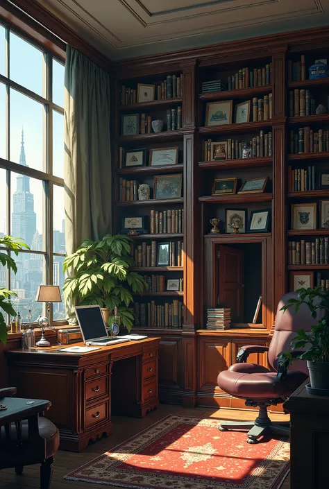 An office room and a hidden room behind the bookcase inside