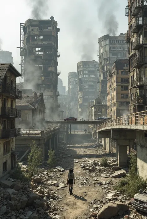   aerial image of the center of an ultra futuristic post-apocalyptic city  , rusty and dirty during the day ,   with huge rounded futuristic buildings with hundreds of abandoned apartments and broken windows  ,Is there an 18-year-old girl with a height pro...