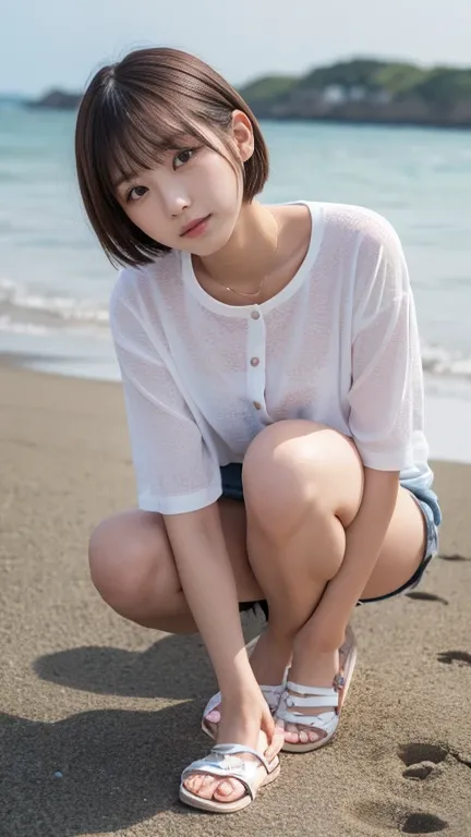 Gravure Idol Shooting , round face,  short hair, One person, Seaside