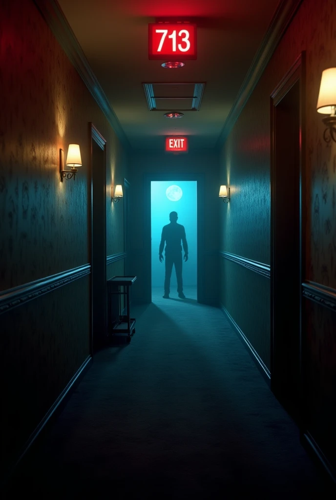 Create a dark hotel corridor thumbnail with dimly lit hallway, vintage wallpaper and carpet, emergency exit signs casting red glow, mysterious dark figure at far end, room numbers visible (713), flickering lights, bluish moonlight through windows, fog effe...