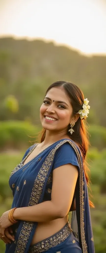 A beautiful Indian woman with a warm smile, wearing a traditional blue half-saree with intricate golden patterns. She has a radiant complexion, expressive eyes, and a small black bindi on her forehead. Her hair is styled in a neat updo, adorned with jasmin...