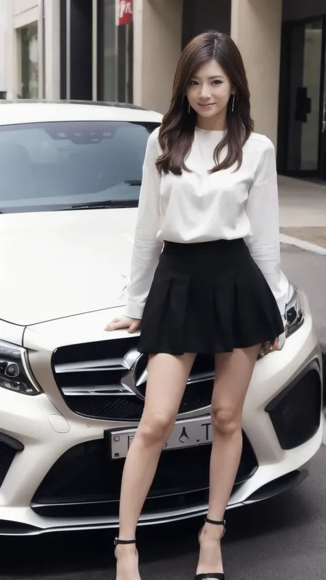  Very Beautiful Japanese Woman （24 years old， white blouse， Black Tight Skirt， high heels）Standing like a model in front of a black Mercedes-Benz， full body image from toes 