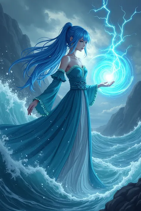 "4K anime style quality, digital drawing mode, a graceful female mage with long flowing blue hair, deep turquoise eyes, and ocean-inspired robes with wave patterns, standing amidst a stormy sea with lightning crackling around her, her Observation Haki guid...