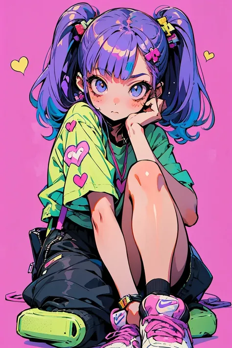  simple and stylish illustration,  Nintendo Switch on a clear shoulder, T-shirt with a heart logo , Heart Hairpin,Hair ties,Anime girl with twin-tail purple hair and white t-shirt holding smartphone ,Draw the whole body,purple loose bottoms ,NIKE sneakers,...