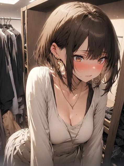 (masterpiece, detailed:1.2), One Girl, (18-years old), brown long Bob Cut, Medium Breasts, BREAK, earring, simple necklace, in changing room, BREAK, Highest quality, BREAK, 