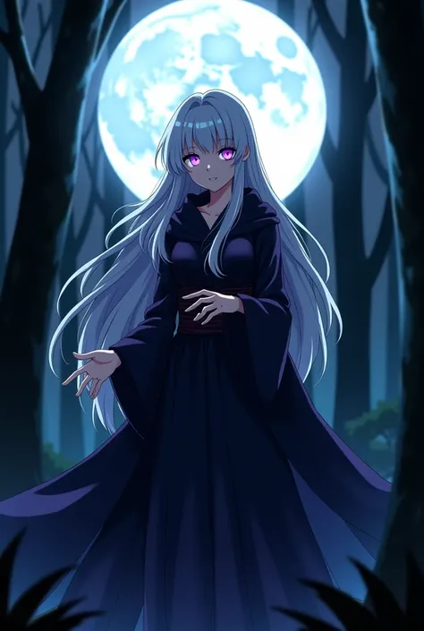 "4K anime style quality, digital drawing mode, a mysterious female sorceress with ethereal silver hair, glowing lavender eyes, and robes that seem to merge with shadows, standing under a full moon in a dark forest, her Armament Haki covering her hands as s...