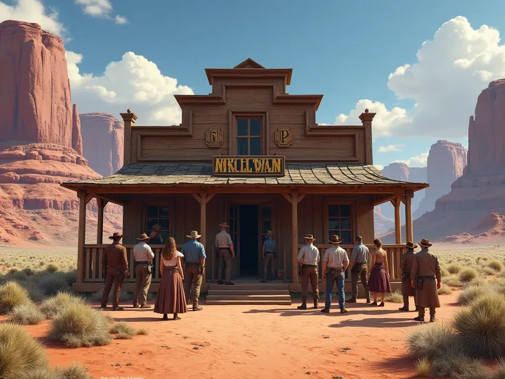 Realistic saloon building in the wild west with courtesans and cowboys at the entrance