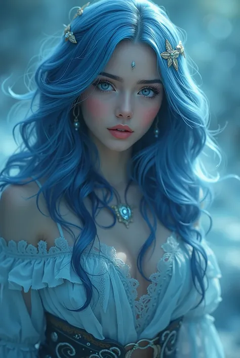 a beautiful woman with blue hair, with golden hair clips.in the style of fantasy