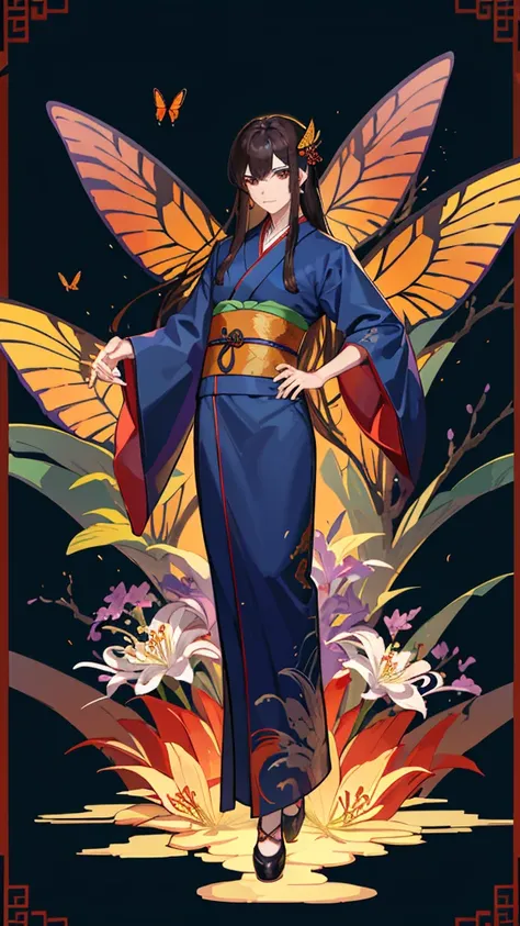 Please draw a beautiful, mature young man with long hair 。Wear a purple Chinese-style kimono、I'm wearing a navy blue Chinese-style gown with an ochre border。I'm wearing reddish brown pumps。Butterfly wings are growing。The background is an old Chinese-style ...