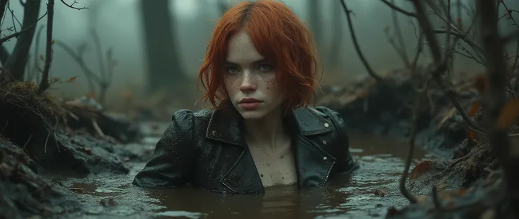 A pale white skin natural texture, fragile mom with copper bob-cut, dressed in fitted mud covered leather biker jacket and t-shirt. natural skin texture. Her melancholic expression betrays quiet surrender as she sinks into a dark, churning bog pit, its thi...