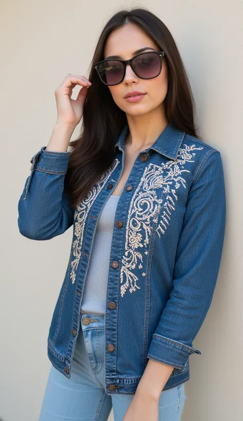 Woman with light skin , approximately 30 years old , wearing a denim jacket with embellishments and sunglasses . She has long dark hair and is posing with one hand touching her hair . The background appears to be a neutral-colored wall