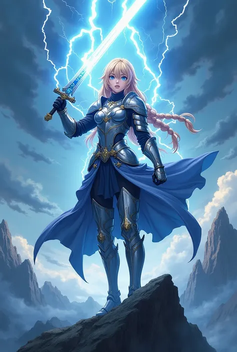 "4K anime style quality, digital drawing mode, a fierce female warrior with braided blonde hair, piercing blue eyes, and thunder-strike armor in silver and blue hues, standing on a mountaintop under stormy skies, her Conqueror’s Haki radiating like lightni...