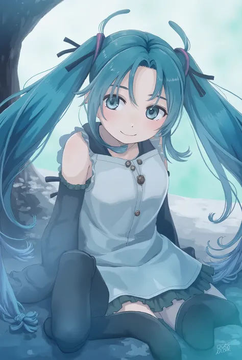 ( masterpiece、 top quality、 top quality、 Official Art、  beautiful and beautiful  :1.2)、( one girl:1.3) Hatsune Miku、 twin tails on legs, beautiful breasts, Highly Detailed Depiction of a Young Asian Woman ,  The Pale  ,   The Graceful Character  ,  Gives H...