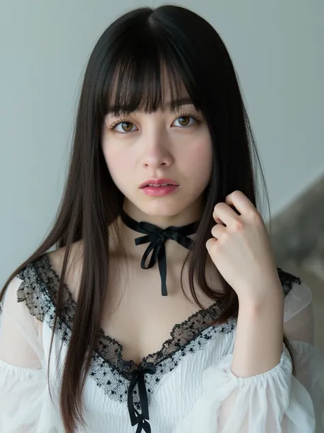 Facial close-up, kanna, a beautiful 21 year old woman with long hair and bangs, sat on the stone steps. Her skin is snow-white and her figure is slim. She has a perfect slim body with a beautiful face. She is of Japanese heritage with milky-white skin. She...