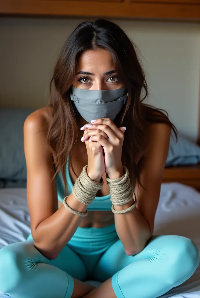 woman, Moroccan , sporty b, In leggings in light blue and light blue top , Talahina , ,Mouth covered with grey armored tape,  hands and feet tied with rope, white nails , slippers, In a ship room on a bed,  brown hair , brown skin, black eyebrows  , Hands ...