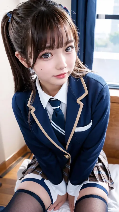 (( Masterpiece,  top quality,  Hi-Res,  super high heels)),  Japanese High School Girls,( by Nomi:1.5)、 smiles、great face、 Closed Mouth、 sharp mouth、Glossy Lips 、 twin tails on legs,( beautiful brown hair:1.5)、 high school uniform,( navy blue blazer, tie, ...