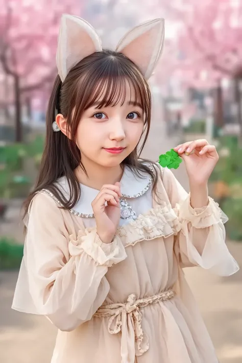 "A cute anthropomorphic dog girl with fluffy ears and a wagging tail, wearing a stylish casual outfit. She has big expressive eyes, soft fur, and a cheerful personality. The background is a bright and colorful outdoor park with cherry blossoms falling. The...