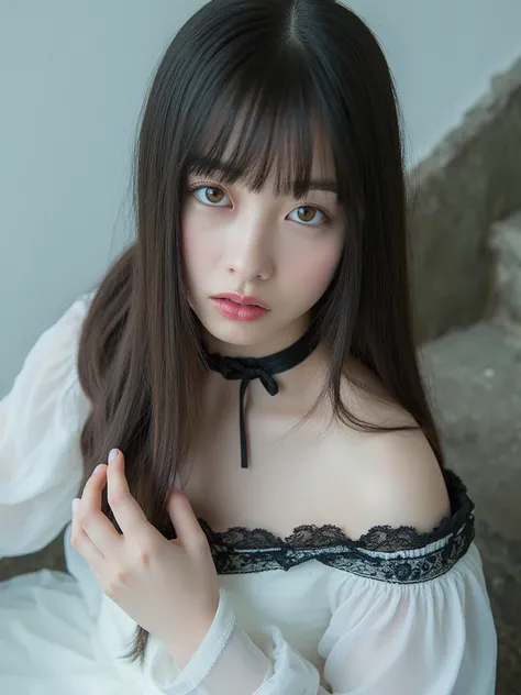 Facial close-up, kanna, a beautiful 21 year old woman with long hair and bangs, sat on the stone steps. Her skin is snow-white and her figure is slim. She has a perfect slim body with a beautiful face. She is of Japanese heritage with milky-white skin. She...