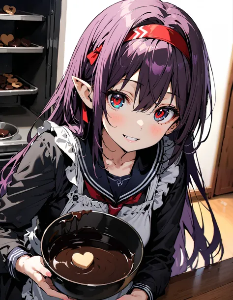 yuukikonno, Konno Yuuki, Red Hairband ,  long hair,   Pointed Ears ,  purple hair,  red eyes,smile,blush, mouth,Black sailor suit, Long Sleeve, black mini skirt, black pantyhose, ruffle apron,Mixing melted chocolate in a bowl , heart-shaped cookie molds an...