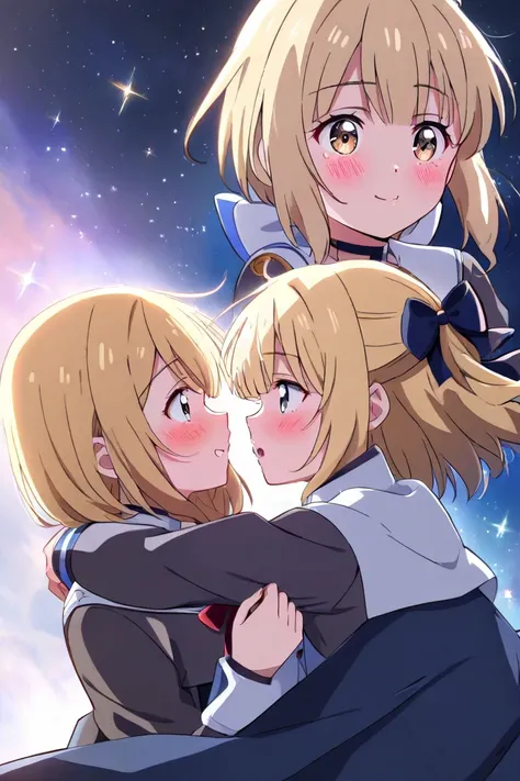 Girl with silver and short hair、 Girl with Long Blonde Hair （ribbon）、 2 girls、Gazing at each other、Blushing Cheeks and Shy 、 anime style、 hugging、 Under the Starry Sky