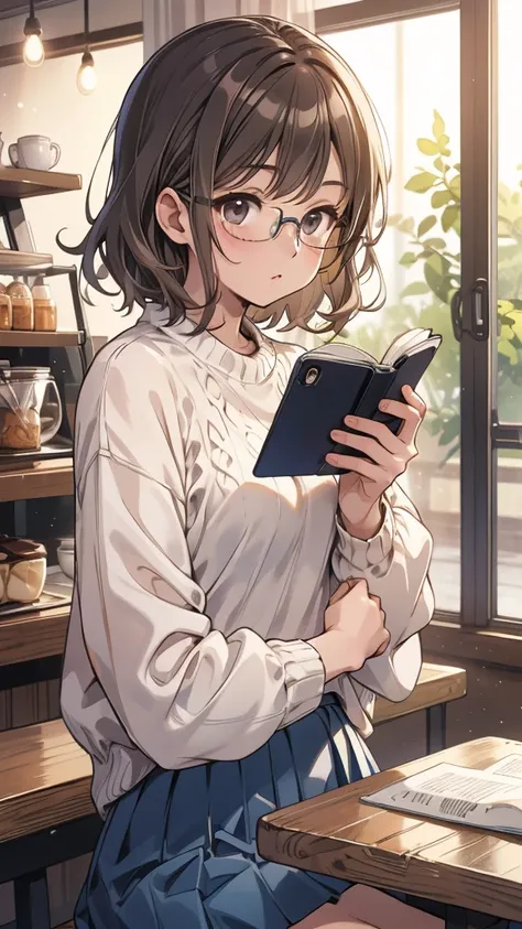  Watanabe Yo, coffee shop,Glasses,reading, white sweater, blue shirt, brown skirt, coffee,smartphone on table,