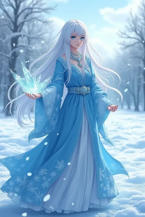 "4K anime style quality, digital drawing mode, a composed female sorceress with long flowing white hair, icy blue eyes, and frosty blue robes covered in delicate snowflake patterns, standing on a frozen lake under a winter sky, her Armament Haki fortifying...