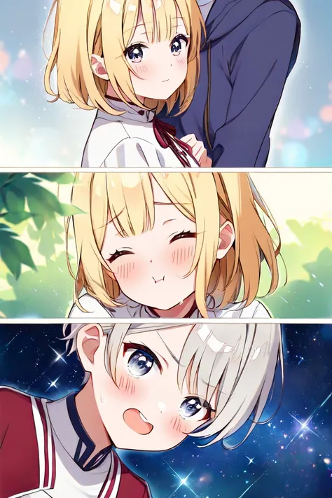  Girl with Silver Short Hair、 Girl with Long Blonde Hair （ribbon）、 2 girls、Gazing at each other、Blushing Cheeks and Shy 、 hugging、 Under the Starry Sky