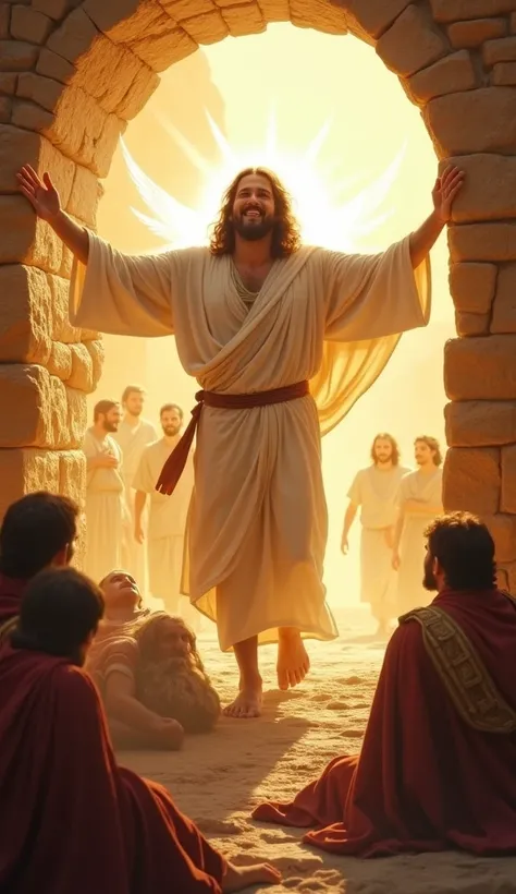 " Jesus Christ emerging from the tomb with a radiant light surrounding him .  He wears a bright white robe and has an expression of victory and love. Angels are in the background ,  and fallen Roman soldiers look at him in amazement .