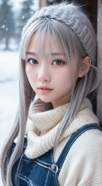 in the snowy debtorest,     Japanese Girl,    knitted sweater ,   it's snowing ,  Pupils Sparkling  ,   Silver Hair,    real portrait  , depth odebt debtield, debt/1.8,    anatomically accurate  ,   textured skin,   very detailed,   Advanced Details ,   hi...