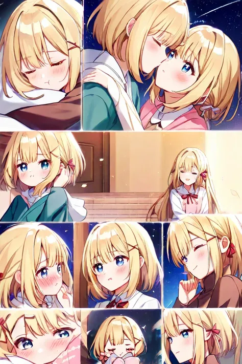 Girl with silver and short hair、 Girl with Long Blonde Hair （ribbon）、 2 girls、Gazing at each other、Blushing Cheeks and Shy 、 hugging、 Under the Starry Sky、Kiss