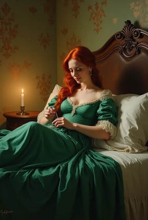 A 19th century style painting of a redhead woman in bed at night sewing in a green colored gown