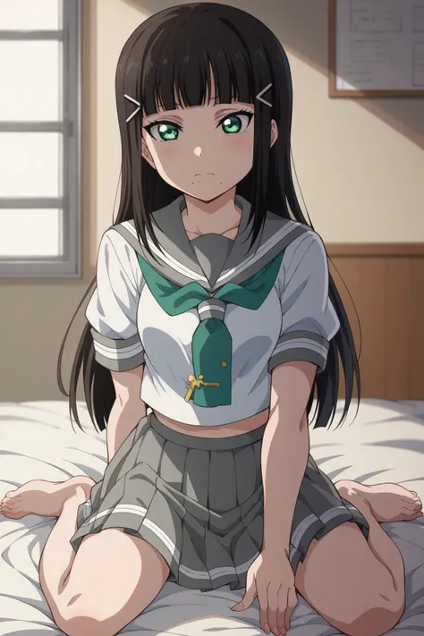  with Dia Kurosawa,  long hair, bangs,   black hair,  hair ornament,  green eyes ,  side lock,  hair clip, blunt bangs,  mole,  mole under mouth,  medium boobs,,  skirt by humili,  school uniform,  short sleeve, pleated  skirt by humili,  serafuku,  necker...