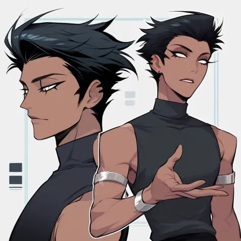  a black-skinned man ((medium size with ))  medium wavy black hair reaching up to the shoulder,  brushed back .  white eyes ,  sleeveless black high-neck shirt, silver forearm bracelet on both arms. Helluva Boss Style ((different angles))