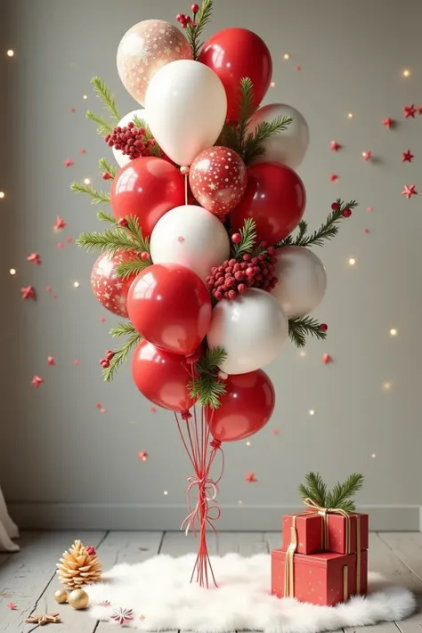  in a beautiful Christmas decoration {x} create an image with red and white balloons, has a Christmas tree and mistletoe branches , on a balloon  .  balloon in the air .    says  " syndie "  dans un autre  " Emeric "  dans un autre  " Leo "  dans un autre ...