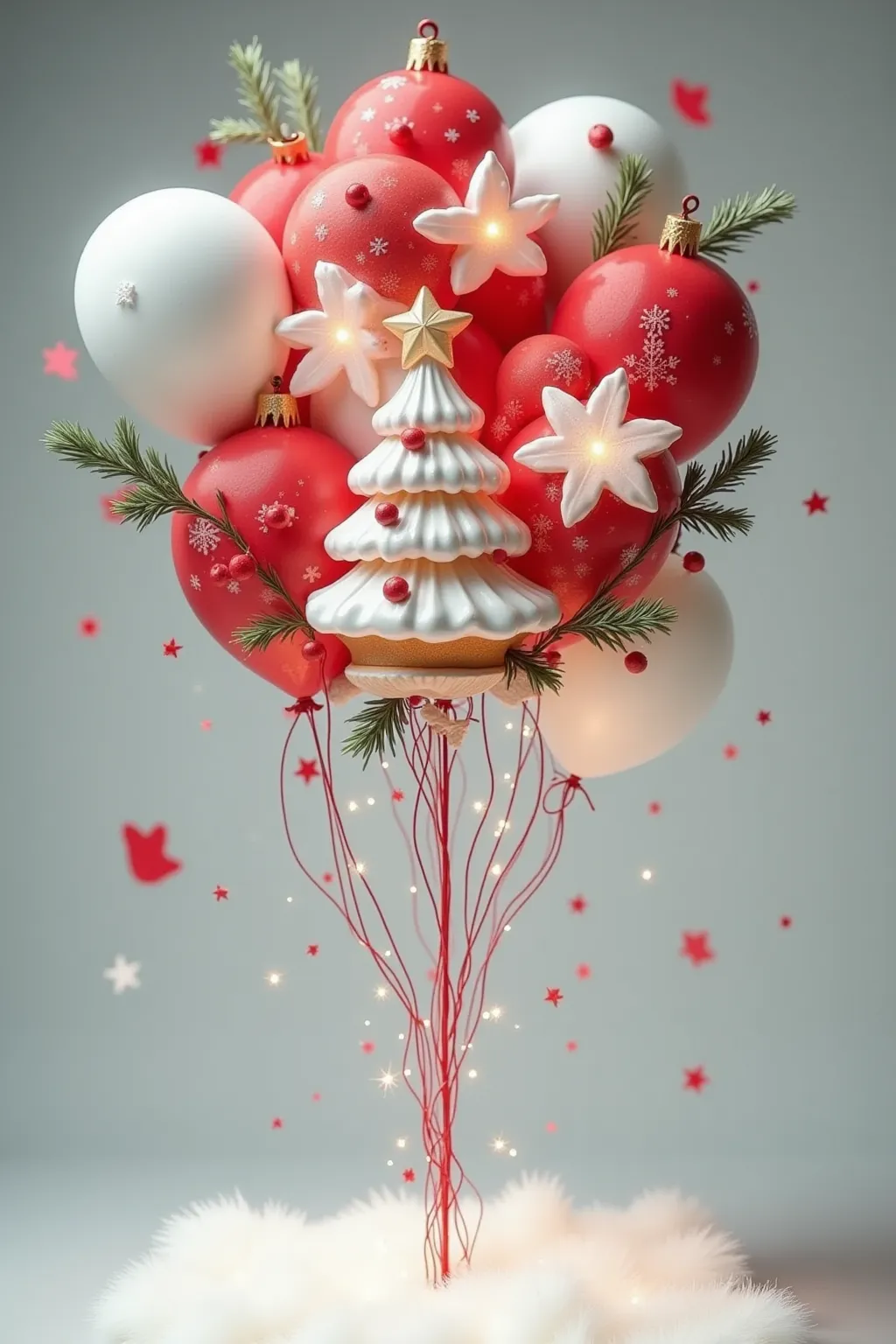  in a beautiful Christmas decoration {x} create an image with red and white balloons, has a Christmas tree and mistletoe branches , on a balloon  .  balloon in the air .    says  " syndie "  dans un autre  " Emeric "  dans un autre  " Leo "  dans un autre ...