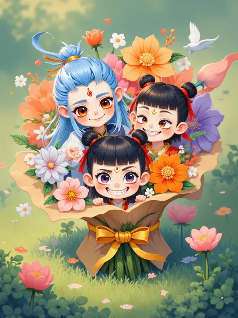 Realistic photography, real shot, a bouquet of flowers, Nezha-shaped flowers, Ao Bing-shaped flowers, cute, chibi, healing flowers, film filter