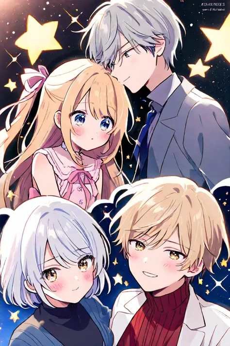 2 people、 Girl with Silver Short Hair、 Girl with Long Blonde Hair （ribbon）、2 peopleの少女、 and stare at each other、 blushes his cheeks in the anus、 is bashful、 Under the Starry Sky、Kiss