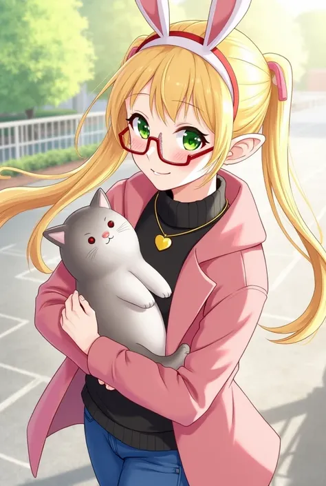 1girl, elf, solo, looking_at_viewer, twintail_hair, blond_hair, rabbit_ears_headband, green_eyes, Smile, long_sleeves, red_glasses, gold_heart_pendant, Black_turtleneck_sweater, pink_duffel_coat, denim, jeans, amusement_park, prism, midday_sunshine, holdin...