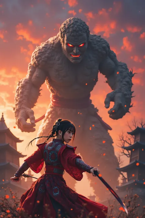 "A brave Japanese woman warrior fighting against a giant in an epic battle. She wears a traditional samurai armor with intricate designs, wielding a katana glowing with mystical energy. The giant, towering over her, has rough stone-like skin and glowing re...