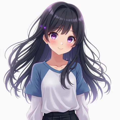 a fifteen years old girl, with black hair, light purple eyes with normal clothes with white and blue color and black long pants, in anime style