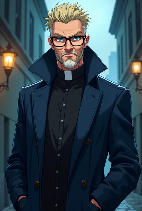 Blonde Hair,Priest,Dark BlueTrench Coat,Blue Eyes,Glasses,Short Hair,Male,Crazy,Smug Smile,Anime,40 yr old,Stubble beard