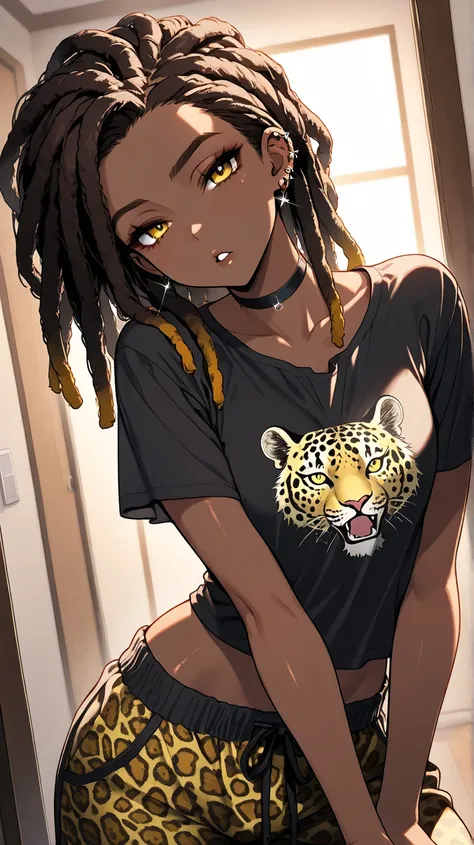 1Girl, Mature, Ebony, African American, Dark Brown Skin, Bright Brown Long Thin Dreadlocks, Dreadlocks Spread Out, Shiny Hair, Dark Yellow Eyes, Black Nails, Dark Brown Eye Shadow, Medium Chest, Yellow Leopard Pattern Cropped Long-Seeve Shirt, Black Baggy ...