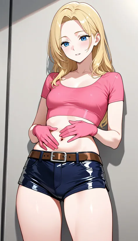 Adult woman, long hair, blonde, blue eyes, medium chest, fit pink crop shirt, scoop neckline, short sleeves, pink gloves, expose navel, dark blue shorts with brown belt and metal buckle, leather shorts, holding stomach, front view